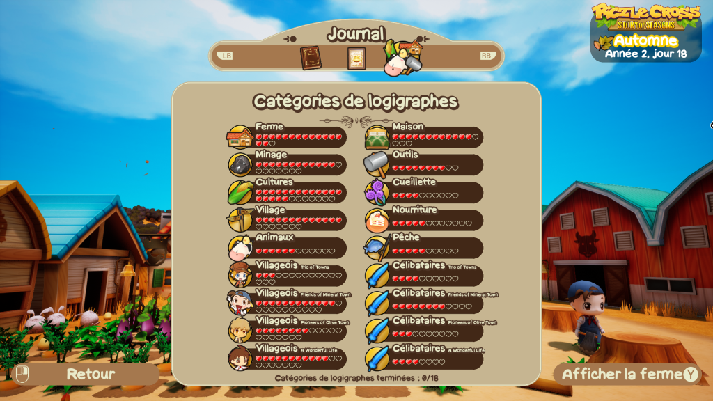 Piczle Cross : Story of Seasons - Liste des catégories de Logigraphe